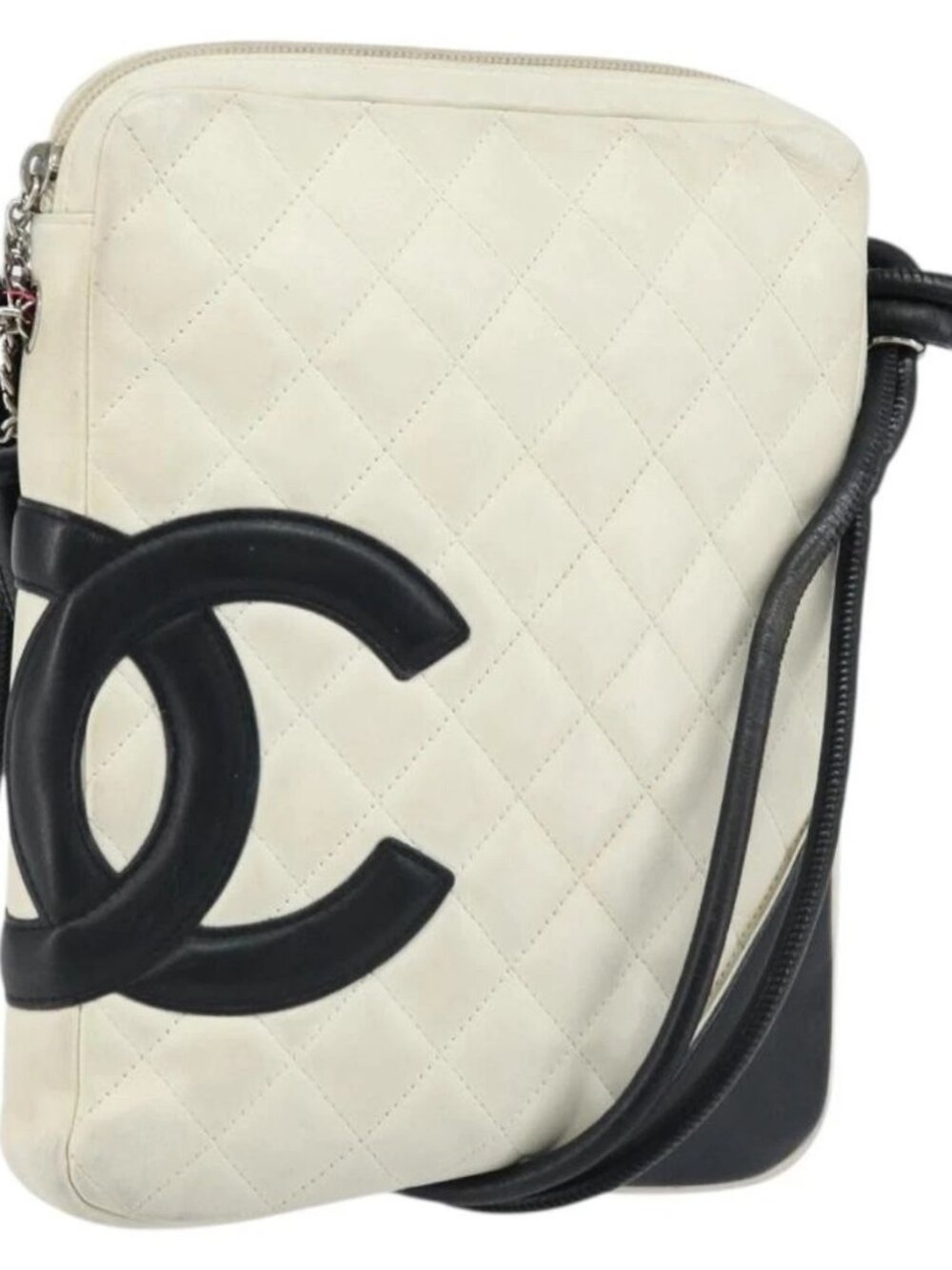 CHANEL Cambon Line Shoulder Bag Lamb Skin White Black CC Auth 172750